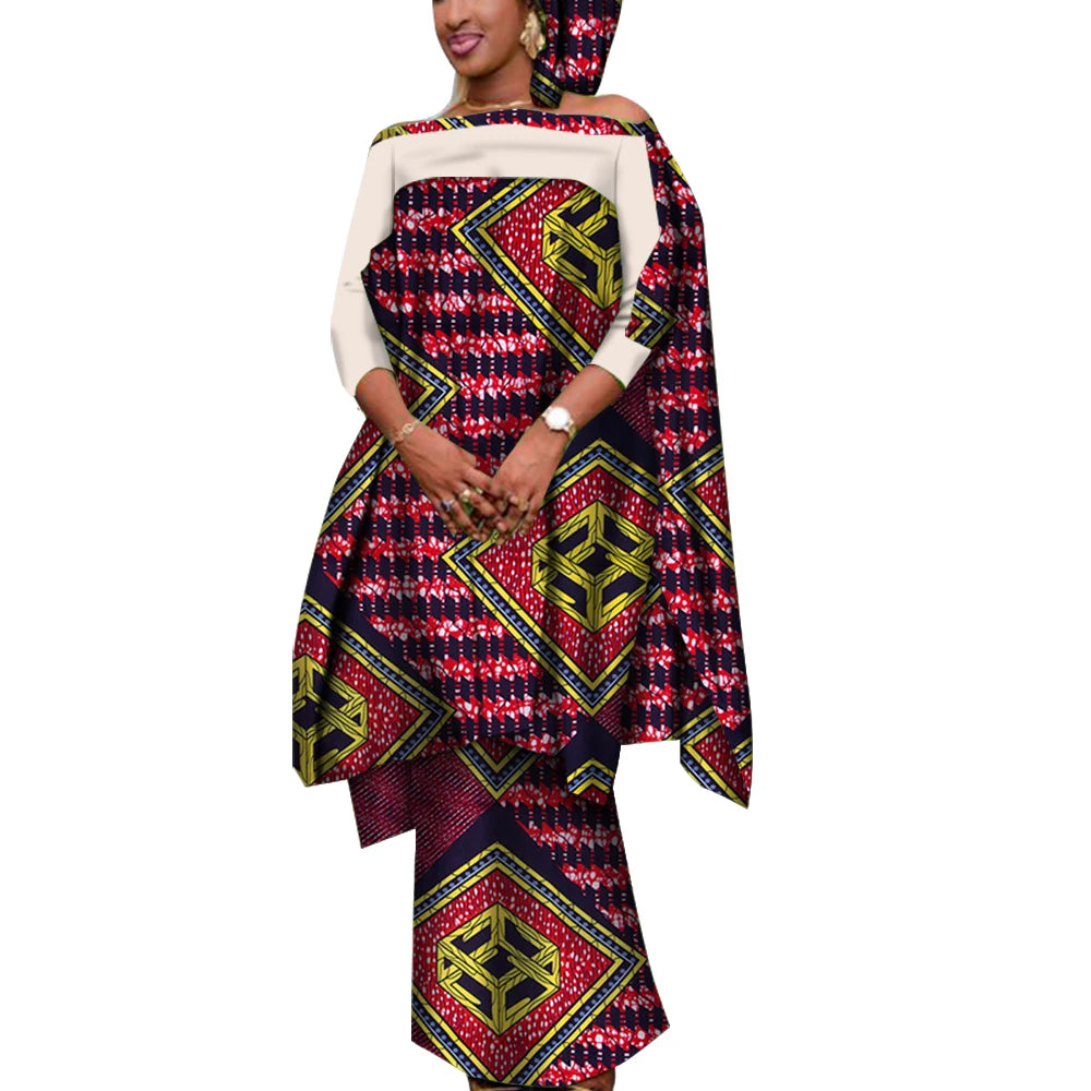 Ensemble 3 pièces de tenues africaines pour femmes, chemisier et jupes décontractés avec foulard, vêtements africains pour femmes Bazin Riche WY7946 Camara Shopping Ensemble 3 pièces de tenues africaines pour femmes, chemisier et jupes décontractés avec foulard, vêtements africains pour femmes Bazin Riche WY7946