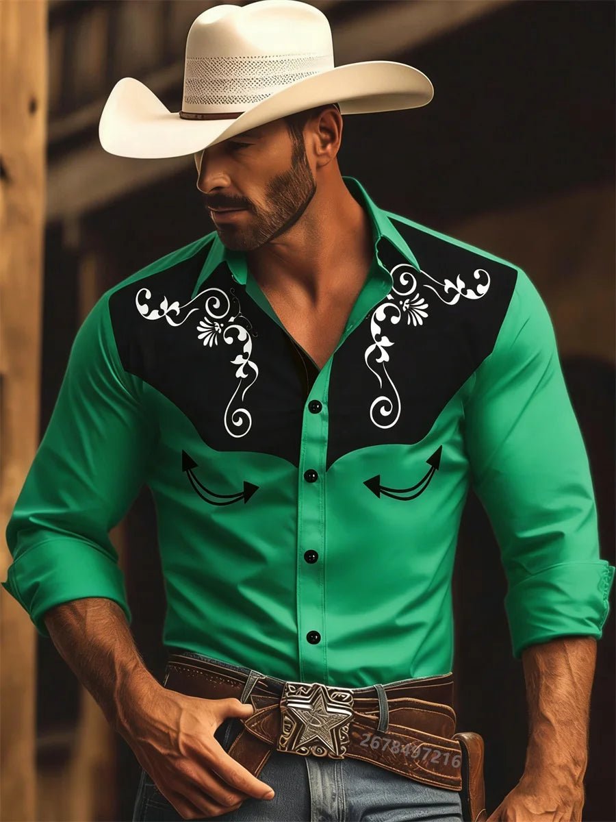 Nouvelle chemise à manches longues pour homme, style western cowboy, chemise à motif vintage imprimé, chemise à manches longues à col tendance pour homme. - Camara ShoppingNouvelle chemise à manches longues pour homme, style western cowboy, chemise à motif vintage imprimé, chemise à manches longues à col tendance pour homme.