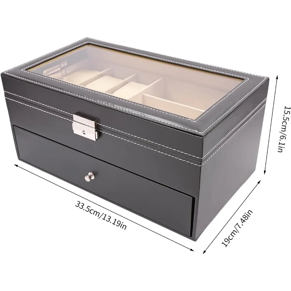 Boîte de montre en cuir noire pour hommes et femmes, avec 6 compartiments pour montres et rangement de lunettes 9 pièces, organisateur verrouillable Camara Shopping Boîte de montre en cuir noire pour hommes et femmes, avec 6 compartiments pour montres et rangement de lunettes 9 pièces, organisateur verrouillable