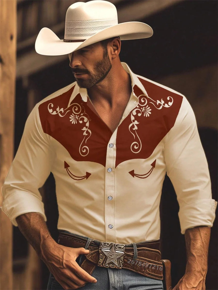 Nouvelle chemise à manches longues pour homme, style western cowboy, chemise à motif vintage imprimé, chemise à manches longues à col tendance pour homme. Camara Shopping Nouvelle chemise à manches longues pour homme, style western cowboy, chemise à motif vintage imprimé, chemise à manches longues à col tendance pour homme.