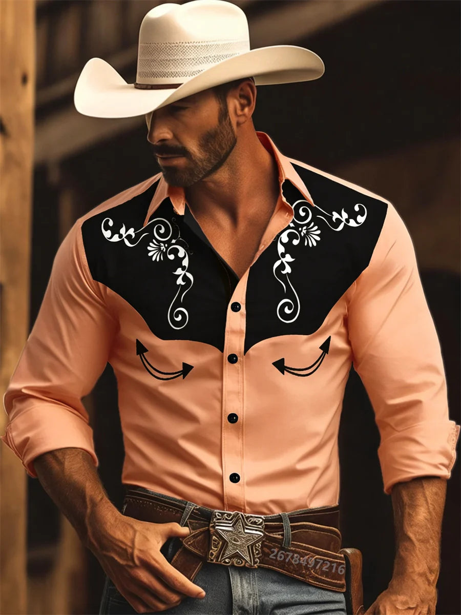 Nouvelle chemise à manches longues pour homme, style western cowboy, chemise à motif vintage imprimé, chemise à manches longues à col tendance pour homme. Camara Shopping Nouvelle chemise à manches longues pour homme, style western cowboy, chemise à motif vintage imprimé, chemise à manches longues à col tendance pour homme.