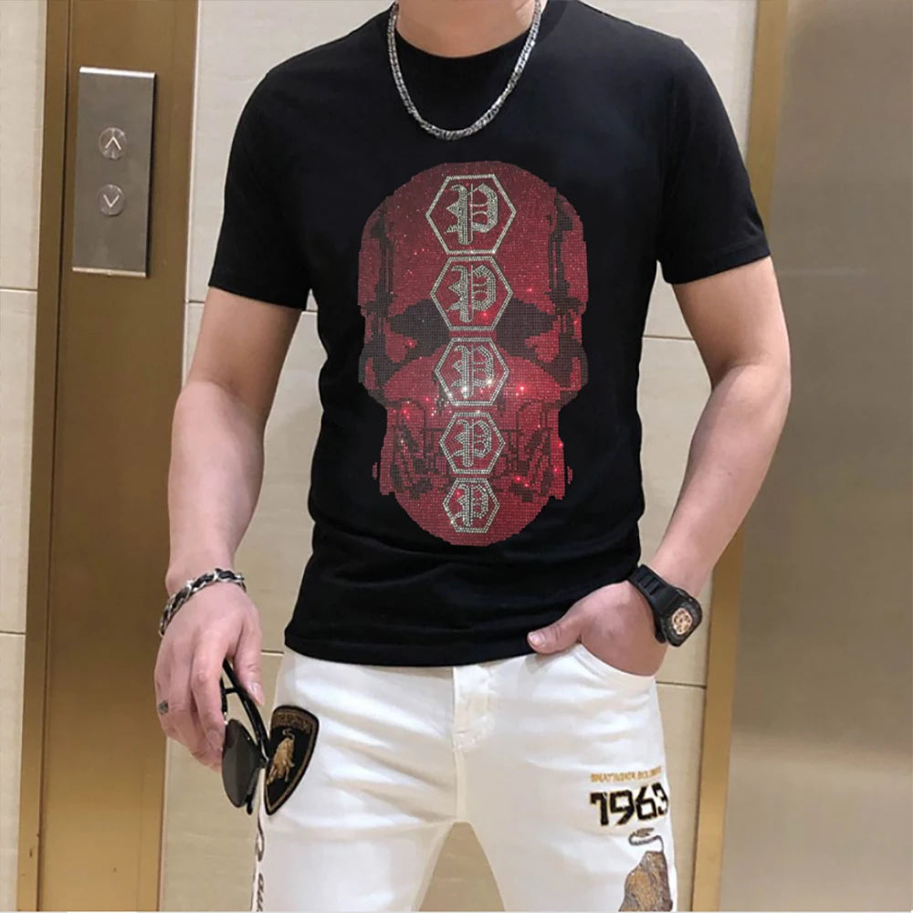 Designer hommes T-shirt strass crâne Streetwear hommes t-shirts marque de luxe mode tendance coton col rond à manches courtes haut vêtements Camara Shopping Designer hommes T-shirt strass crâne Streetwear hommes t-shirts marque de luxe mode tendance coton col rond à manches courtes haut vêtements
