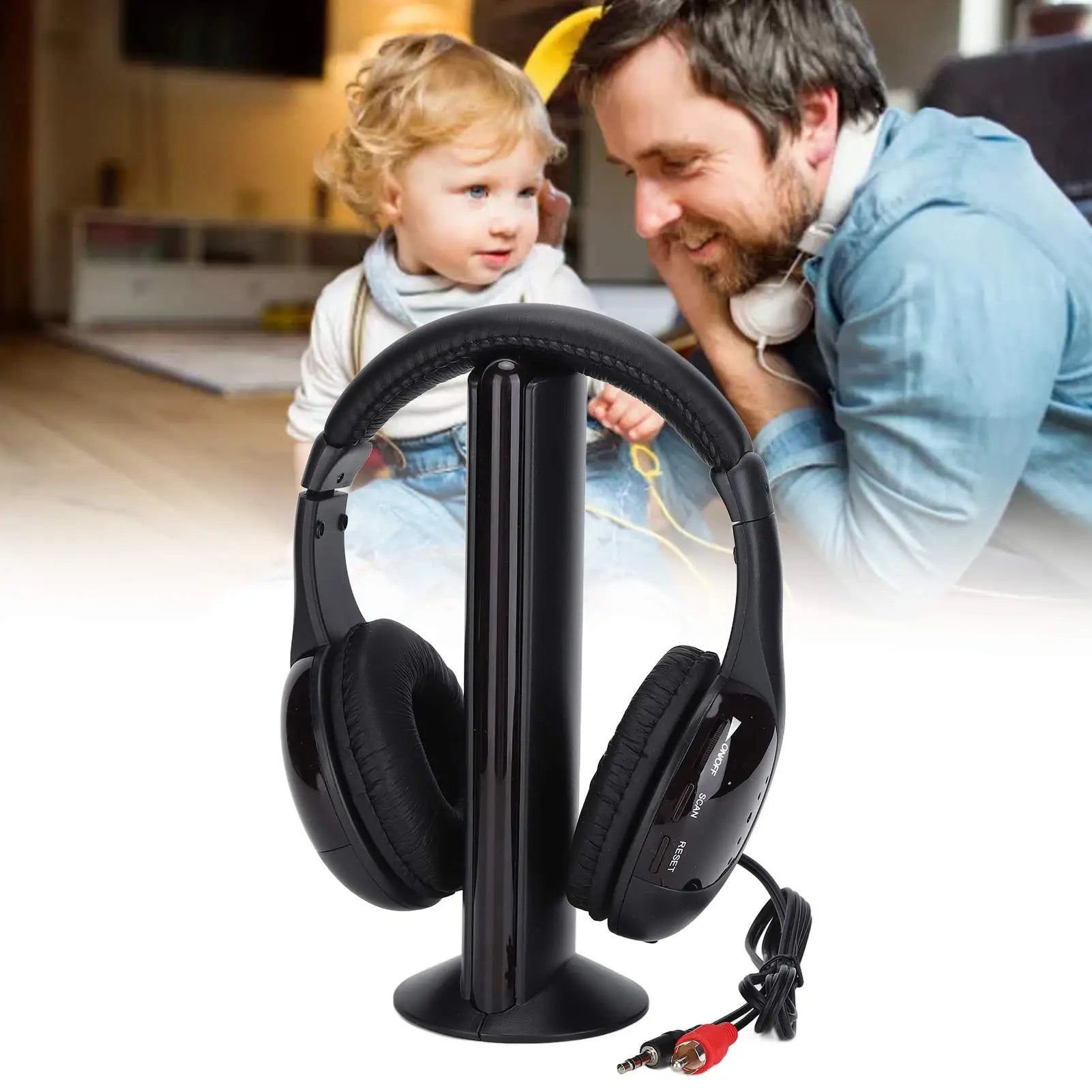 Casque Sans Fil HiFi 5-en-1 — TV, PC, Radio FM | Portée 30m - Camara ShoppingCasque Sans Fil HiFi 5-en-1 — TV, PC, Radio FM | Portée 30m