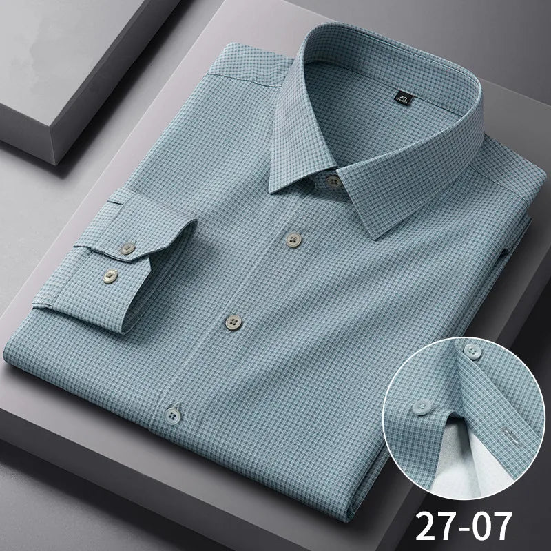 Chemises Anti-rides à rayures à carreaux pour hommes, manches longues, fines, sans repassage, lisses, vêtements quotidiens pour hommes sociaux, nouvelle collection automne printemps Camara Shopping Chemises Anti-rides à rayures à carreaux pour hommes, manches longues, fines, sans repassage, lisses, vêtements quotidiens pour hommes sociaux, nouvelle collection automne printemps