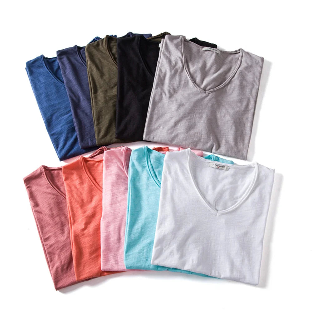 Qualité de la marque100% coton t shirt homme de marque Col en V mode homme Coupe ajustée Soild T-shirts  Hommes Hauts  manche courte t shirt homme Camara Shopping Qualité de la marque100% coton t shirt homme de marque Col en V mode homme Coupe ajustée Soild T-shirts  Hommes Hauts  manche courte t shirt homme