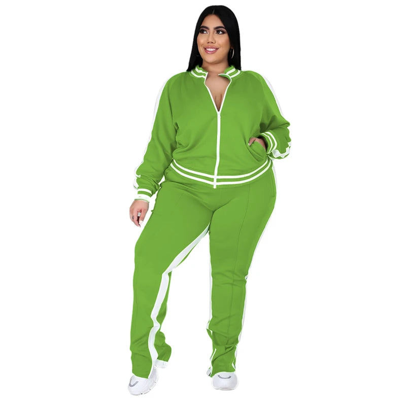 Grande taille L-5XL deux pièces ensemble femmes survêtement Zip haut rayé fente pantalons de survêtement survêtement tenue correspondant ensemble en gros livraison directe Camara Shopping Grande taille L-5XL deux pièces ensemble femmes survêtement Zip haut rayé fente pantalons de survêtement survêtement tenue correspondant ensemble en gros livraison directe