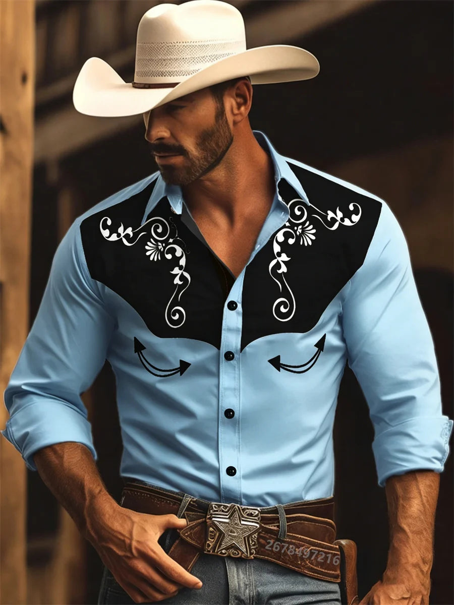 Nouvelle chemise à manches longues pour homme, style western cowboy, chemise à motif vintage imprimé, chemise à manches longues à col tendance pour homme. Camara Shopping Nouvelle chemise à manches longues pour homme, style western cowboy, chemise à motif vintage imprimé, chemise à manches longues à col tendance pour homme.