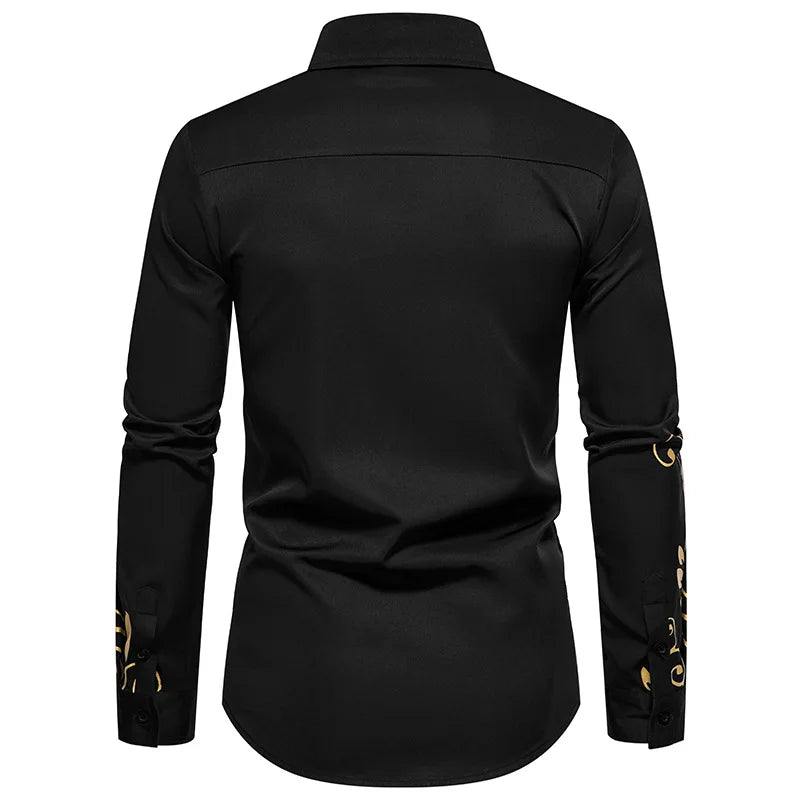 Chemise à imprimé doré pour homme, chemise décontractée à manches longues, vêtements pour homme, confortable et tendance, parfaite pour un usage quotidien Camara Shopping Chemise à imprimé doré pour homme, chemise décontractée à manches longues, vêtements pour homme, confortable et tendance, parfaite pour un usage quotidien