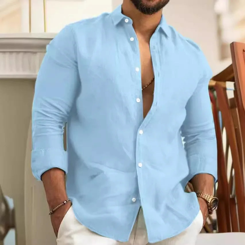Chemise unie en coton et lin pour hommes, chemise unie, revers boutonné classique, chemises à manches longues, haut pour hommes, mode printemps et été Camara Shopping Chemise unie en coton et lin pour hommes, chemise unie, revers boutonné classique, chemises à manches longues, haut pour hommes, mode printemps et été