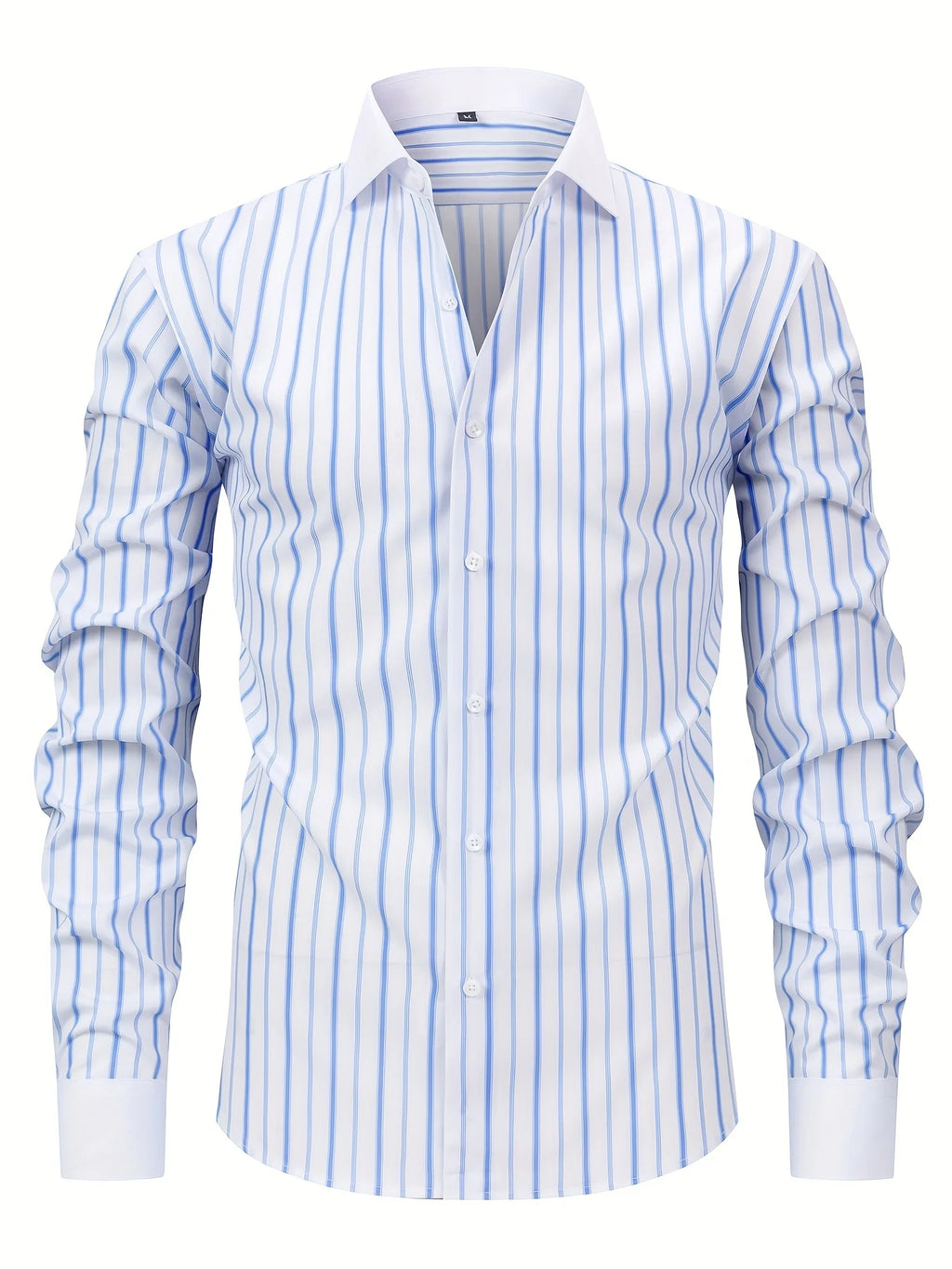Chemise boutonnée élégante à manches longues rayée pour hommes, mélange de polyester extensible, design ajusté, parfaite pour les affaires ou les vêtements décontractés - Camara ShoppingChemise boutonnée élégante à manches longues rayée pour hommes, mélange de polyester extensible, design ajusté, parfaite pour les affaires ou les vêtements décontractés