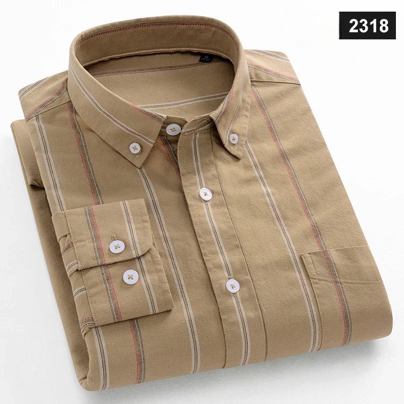 Chemises décontractées à manches longues pour hommes, coupe cintrée, uni, 100% coton, hauts à carreaux rayés, doux, styliste, mode, tendances coréennes, vêtements - Camara ShoppingChemises décontractées à manches longues pour hommes, coupe cintrée, uni, 100% coton, hauts à carreaux rayés, doux, styliste, mode, tendances coréennes, vêtements