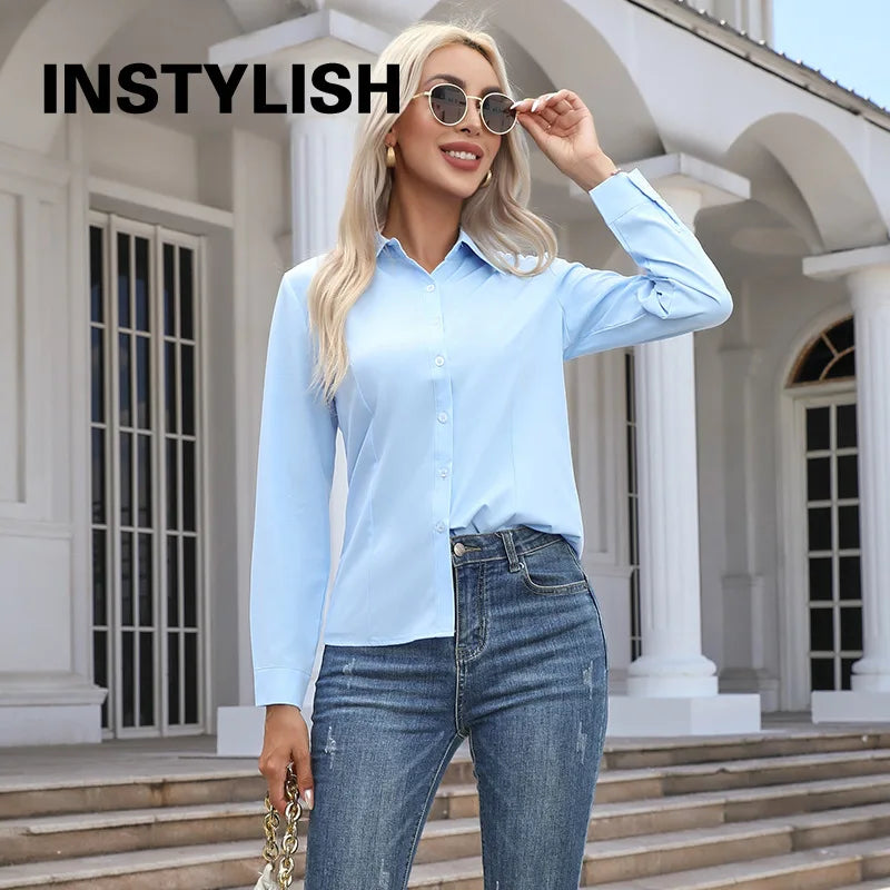 Chemise élégante pour femmes, chemisier en mousseline de soie à boutons, printemps été, décontracté, uni, manches longues, col rabattu, tuniques, chemisier OL, hauts Camara Shopping Chemise élégante pour femmes, chemisier en mousseline de soie à boutons, printemps été, décontracté, uni, manches longues, col rabattu, tuniques, chemisier OL, hauts