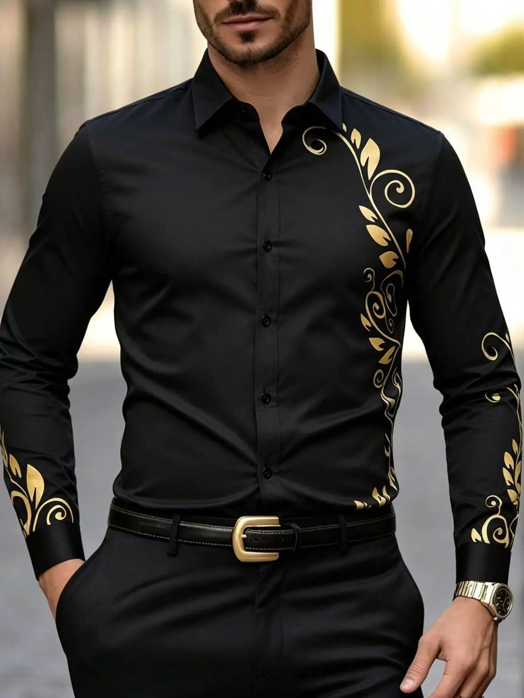Chemise à imprimé doré pour homme, chemise décontractée à manches longues, vêtements pour homme, confortable et tendance, parfaite pour un usage quotidien Camara Shopping Chemise à imprimé doré pour homme, chemise décontractée à manches longues, vêtements pour homme, confortable et tendance, parfaite pour un usage quotidien