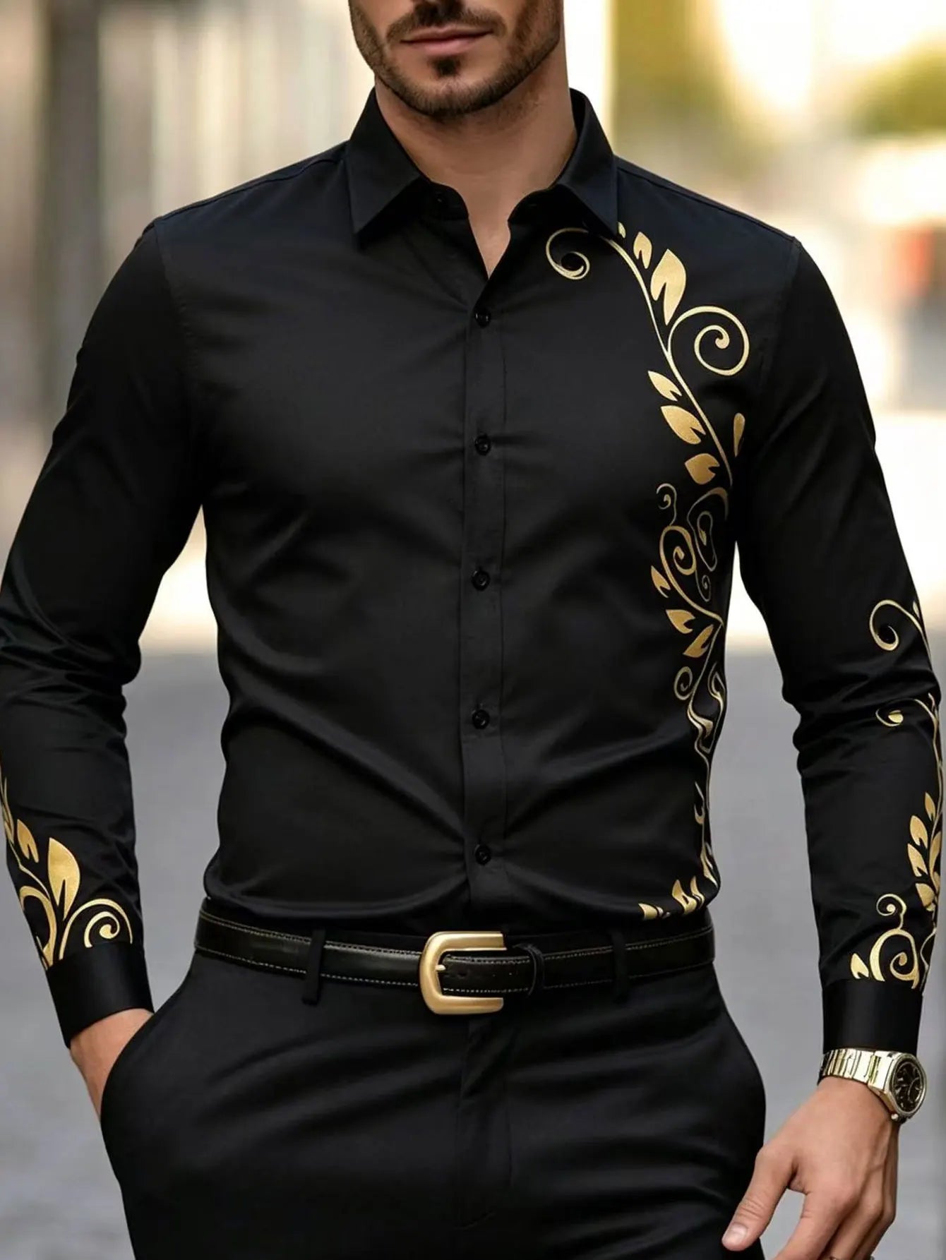Chemise à imprimé doré pour homme, chemise décontractée à manches longues, vêtements pour homme, confortable et tendance, parfaite pour un usage quotidien Camara Shopping Chemise à imprimé doré pour homme, chemise décontractée à manches longues, vêtements pour homme, confortable et tendance, parfaite pour un usage quotidien