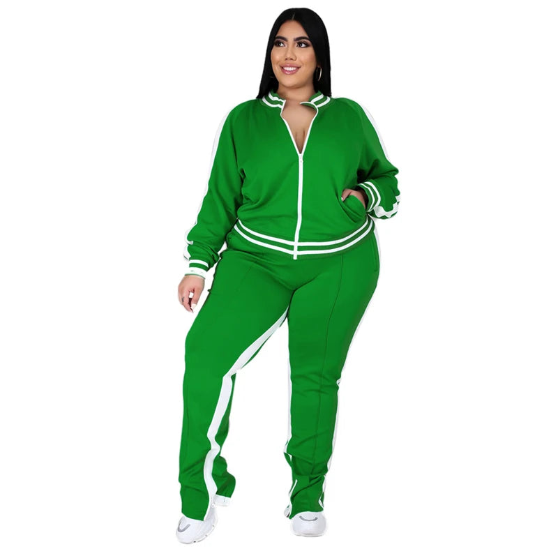 Grande taille L-5XL deux pièces ensemble femmes survêtement Zip haut rayé fente pantalons de survêtement survêtement tenue correspondant ensemble en gros livraison directe Camara Shopping Grande taille L-5XL deux pièces ensemble femmes survêtement Zip haut rayé fente pantalons de survêtement survêtement tenue correspondant ensemble en gros livraison directe