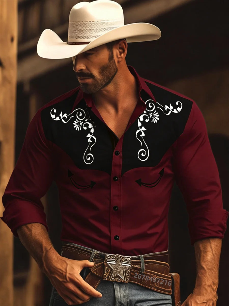 Nouvelle chemise à manches longues pour homme, style western cowboy, chemise à motif vintage imprimé, chemise à manches longues à col tendance pour homme. Camara Shopping Nouvelle chemise à manches longues pour homme, style western cowboy, chemise à motif vintage imprimé, chemise à manches longues à col tendance pour homme.