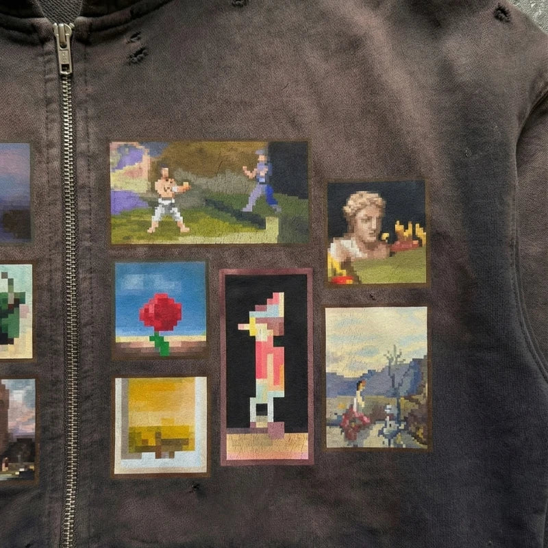 Sweat-shirt à capuche Y2K rétro marron délavé avec imprimé Pixel Paint, fermeture éclair, style streetwear tendance et vieilli, unisexe, coupe oversize Camara Shopping Sweat-shirt à capuche Y2K rétro marron délavé avec imprimé Pixel Paint, fermeture éclair, style streetwear tendance et vieilli, unisexe, coupe oversize