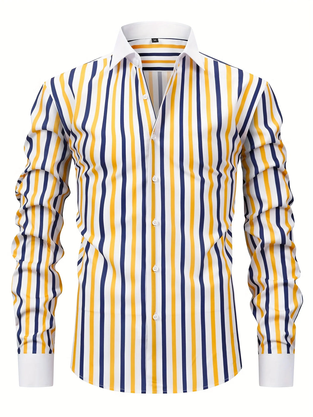 Chemise boutonnée élégante à manches longues rayée pour hommes, mélange de polyester extensible, design ajusté, parfaite pour les affaires ou les vêtements décontractés - Camara ShoppingChemise boutonnée élégante à manches longues rayée pour hommes, mélange de polyester extensible, design ajusté, parfaite pour les affaires ou les vêtements décontractés