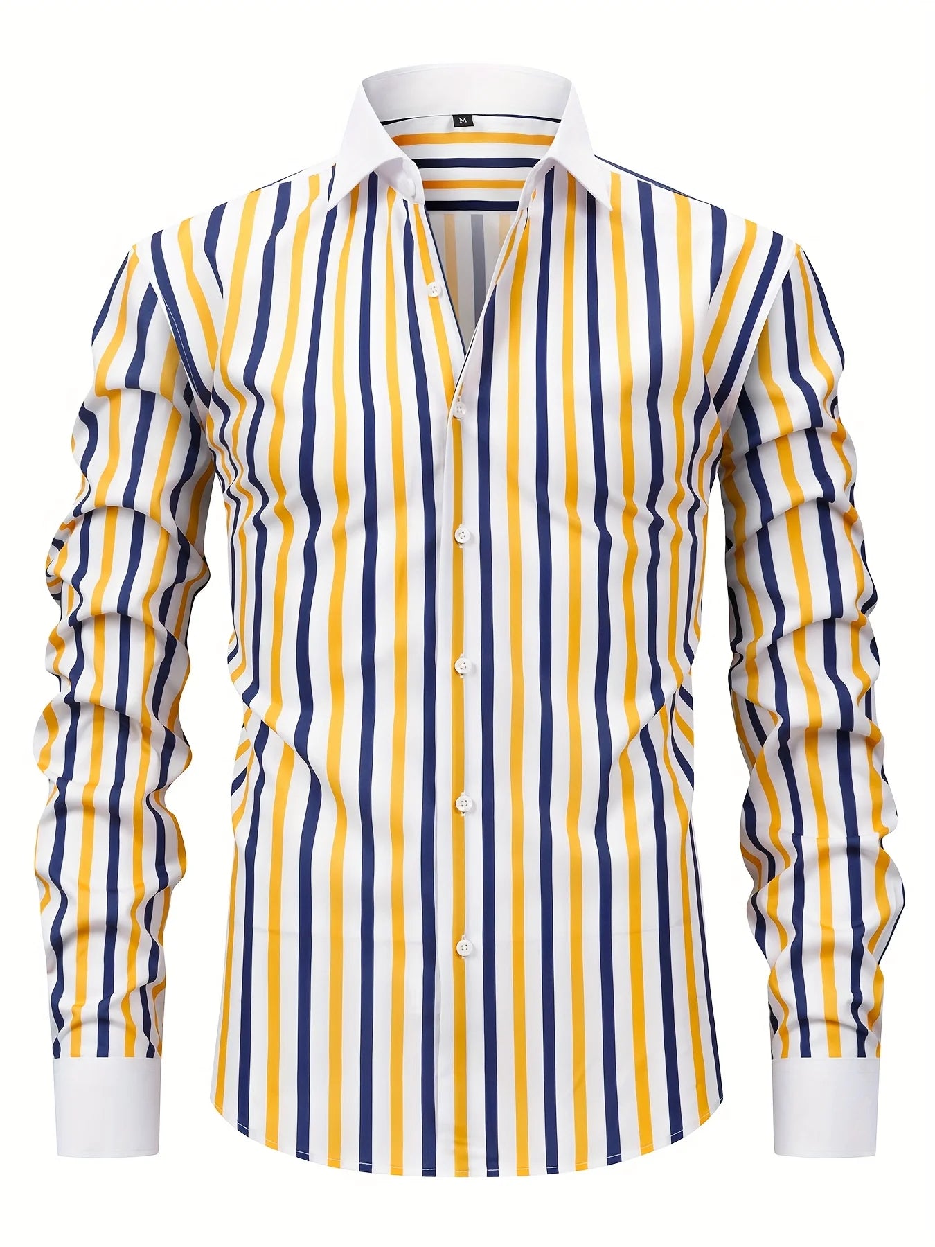 Chemise boutonnée élégante à manches longues rayée pour hommes, mélange de polyester extensible, design ajusté, parfaite pour les affaires ou les vêtements décontractés - Camara ShoppingChemise boutonnée élégante à manches longues rayée pour hommes, mélange de polyester extensible, design ajusté, parfaite pour les affaires ou les vêtements décontractés