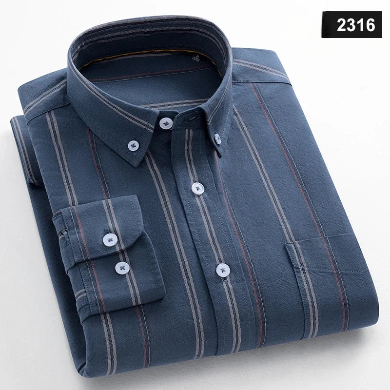 Chemises décontractées à manches longues pour hommes, coupe cintrée, uni, 100% coton, hauts à carreaux rayés, doux, styliste, mode, tendances coréennes, vêtements Camara Shopping Chemises décontractées à manches longues pour hommes, coupe cintrée, uni, 100% coton, hauts à carreaux rayés, doux, styliste, mode, tendances coréennes, vêtements