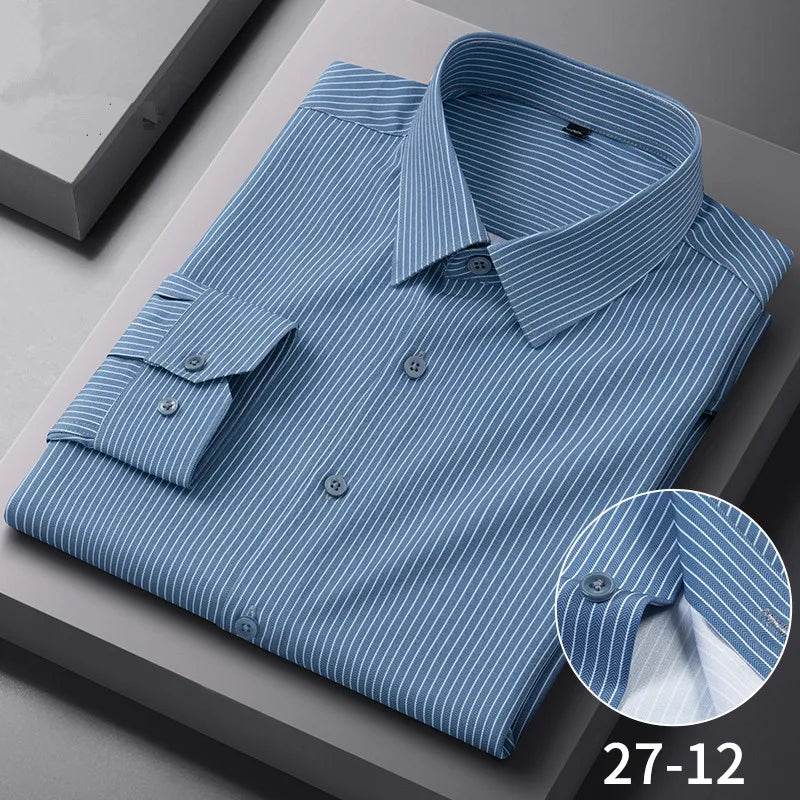 Chemises Anti-rides à rayures à carreaux pour hommes, manches longues, fines, sans repassage, lisses, vêtements quotidiens pour hommes sociaux, nouvelle collection automne printemps Camara Shopping Chemises Anti-rides à rayures à carreaux pour hommes, manches longues, fines, sans repassage, lisses, vêtements quotidiens pour hommes sociaux, nouvelle collection automne printemps