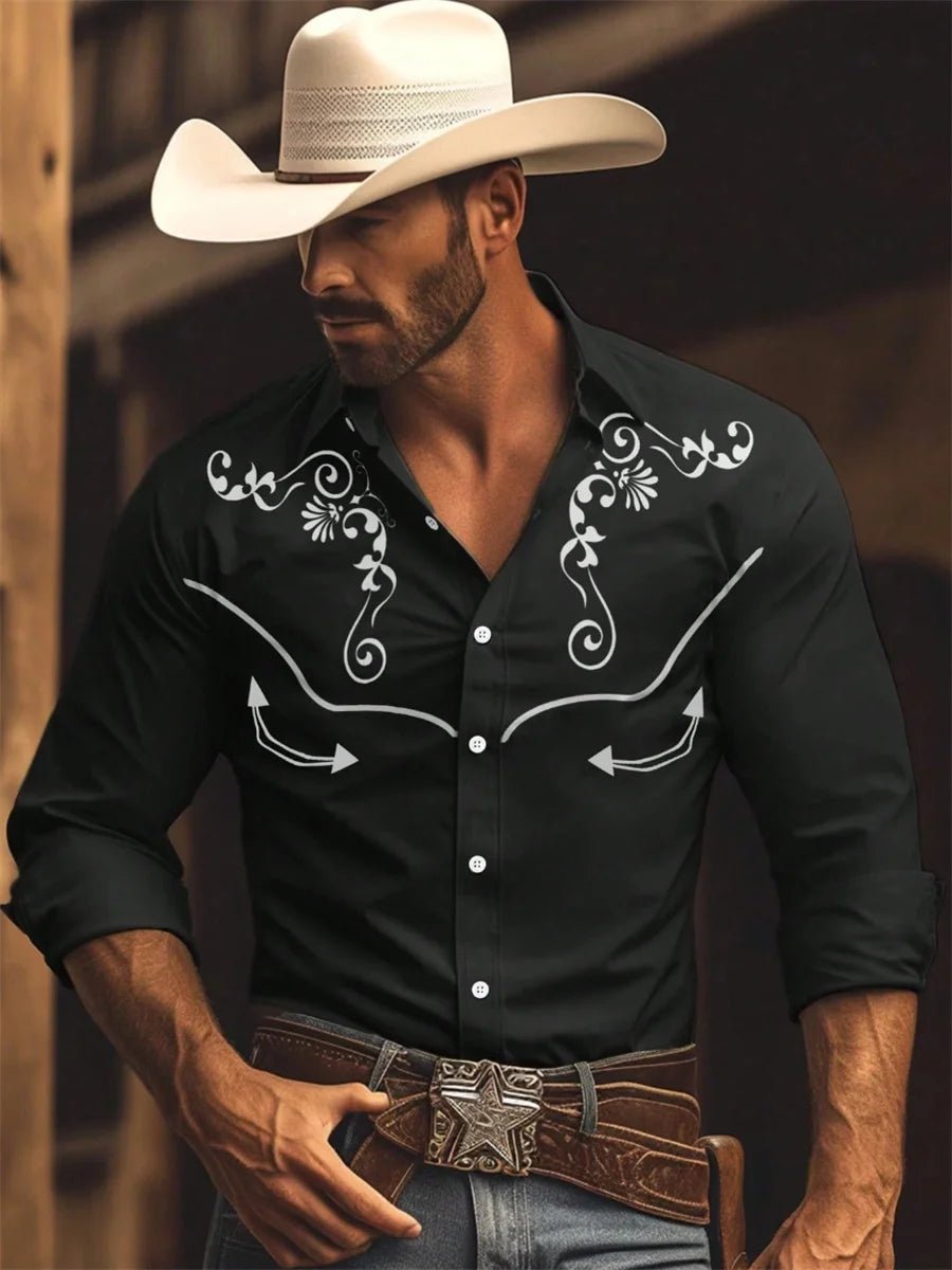 Nouvelle chemise à manches longues pour homme, style western cowboy, chemise à motif vintage imprimé, chemise à manches longues à col tendance pour homme. - Camara ShoppingNouvelle chemise à manches longues pour homme, style western cowboy, chemise à motif vintage imprimé, chemise à manches longues à col tendance pour homme.