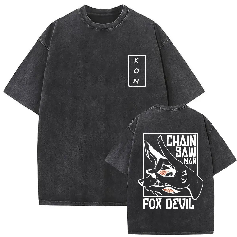 Anime tronçonneuse homme Vintage lavé T-shirt Hayakawa Aki invocation Kon Fox diable graphique T-shirts hommes femmes décontracté mode T-shirts Camara Shopping Anime tronçonneuse homme Vintage lavé T-shirt Hayakawa Aki invocation Kon Fox diable graphique T-shirts hommes femmes décontracté mode T-shirts