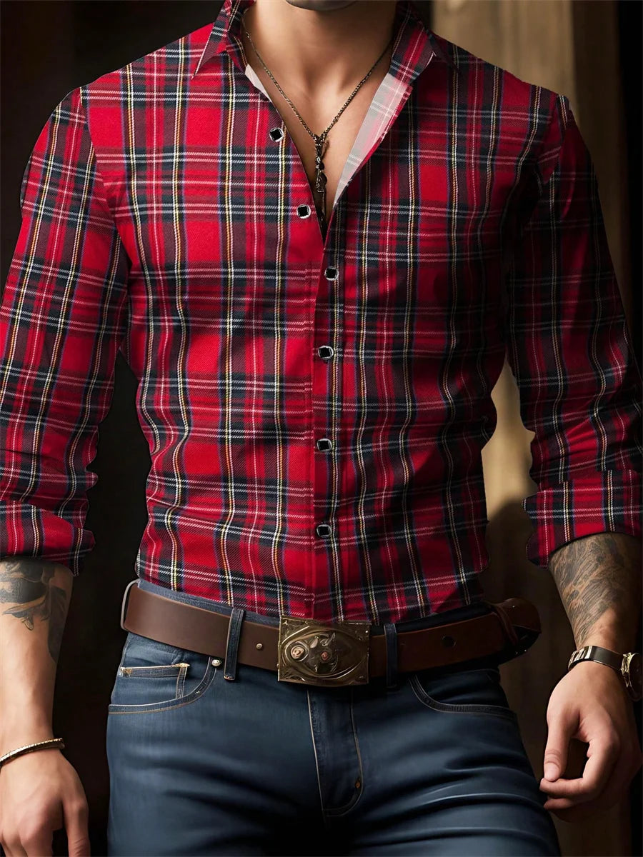 Chemise à carreaux rouge rétro pour homme, manches longues, col décontracté, polyvalente et tendance pour tous les jours et les trajets domicile-travail, tailles S-6XL. Camara Shopping Chemise à carreaux rouge rétro pour homme, manches longues, col décontracté, polyvalente et tendance pour tous les jours et les trajets domicile-travail, tailles S-6XL.