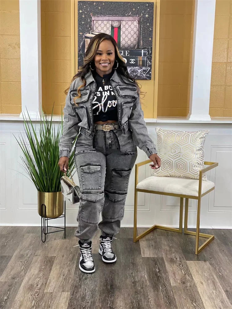Wmstar Denim deux pièces ensemble femmes veste manteau haut jean Cargo pantalon Cool nouveau en hiver correspondant vêtements en gros livraison directe Camara Shopping Wmstar Denim deux pièces ensemble femmes veste manteau haut jean Cargo pantalon Cool nouveau en hiver correspondant vêtements en gros livraison directe