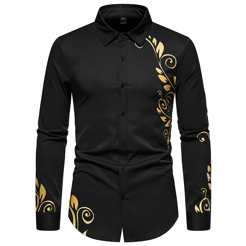 Chemise à imprimé doré pour homme, chemise décontractée à manches longues, vêtements pour homme, confortable et tendance, parfaite pour un usage quotidien Camara Shopping Chemise à imprimé doré pour homme, chemise décontractée à manches longues, vêtements pour homme, confortable et tendance, parfaite pour un usage quotidien