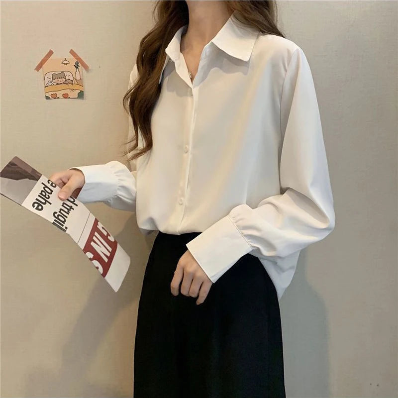 Femmes en mousseline de soie chemises blanches mode coréenne solide ample à manches longues hauts bureau dames élégant décontracté tout Match Blouses printemps nouveau Camara Shopping Femmes en mousseline de soie chemises blanches mode coréenne solide ample à manches longues hauts bureau dames élégant décontracté tout Match Blouses printemps nouveau
