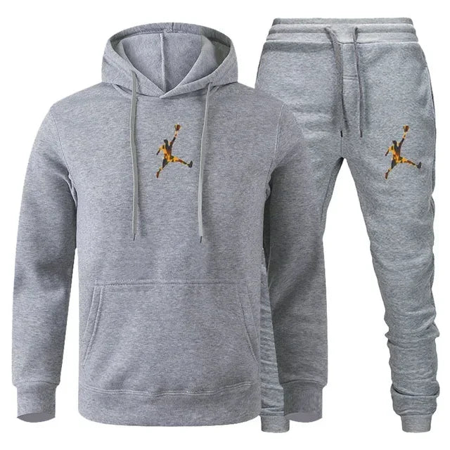 Ensemble de survêtement deux pièces imprimé uni, sweat à capuche et pantalon de jogging à revers élastiques, en maille légère, polyvalent, pour homme, streetwear et sportswear d'entraînement