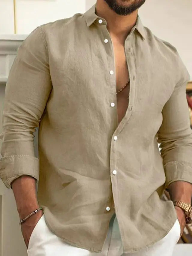 Chemise unie en coton et lin pour hommes, chemise unie, revers boutonné classique, chemises à manches longues, haut pour hommes, mode printemps et été Camara Shopping Chemise unie en coton et lin pour hommes, chemise unie, revers boutonné classique, chemises à manches longues, haut pour hommes, mode printemps et été