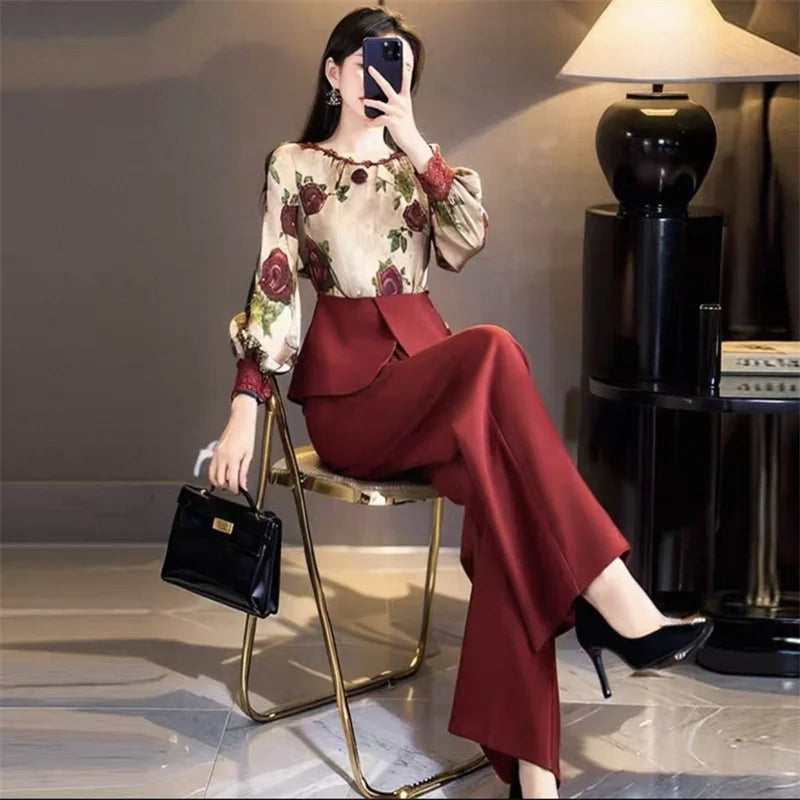 Printemps automne femmes nouveau tempérament élégant Style de campagne chinois haut de gamme sentiment rouge fleur haut costume pantalon deux pièces ensemble Camara Shopping Printemps automne femmes nouveau tempérament élégant Style de campagne chinois haut de gamme sentiment rouge fleur haut costume pantalon deux pièces ensemble