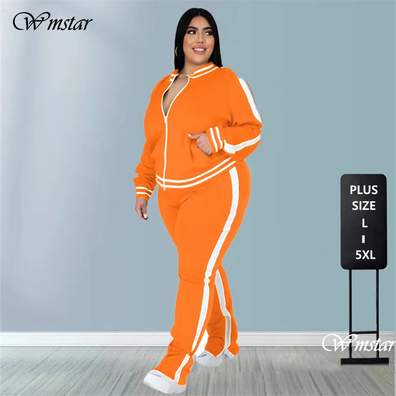 Grande taille L-5XL deux pièces ensemble femmes survêtement Zip haut rayé fente pantalons de survêtement survêtement tenue correspondant ensemble en gros livraison directe Camara Shopping Grande taille L-5XL deux pièces ensemble femmes survêtement Zip haut rayé fente pantalons de survêtement survêtement tenue correspondant ensemble en gros livraison directe