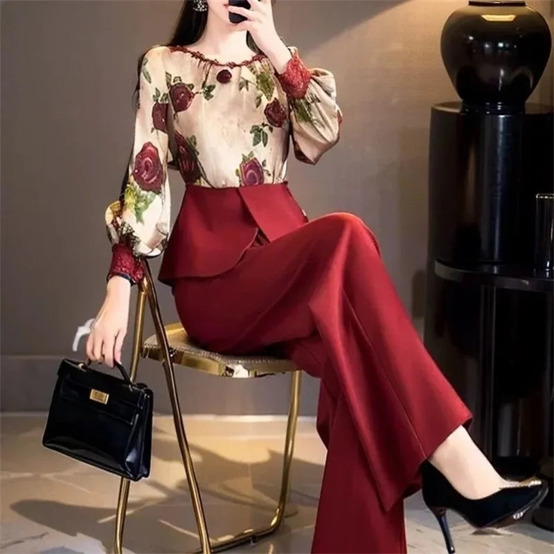 Printemps automne femmes nouveau tempérament élégant Style de campagne chinois haut de gamme sentiment rouge fleur haut costume pantalon deux pièces ensemble Camara Shopping Printemps automne femmes nouveau tempérament élégant Style de campagne chinois haut de gamme sentiment rouge fleur haut costume pantalon deux pièces ensemble