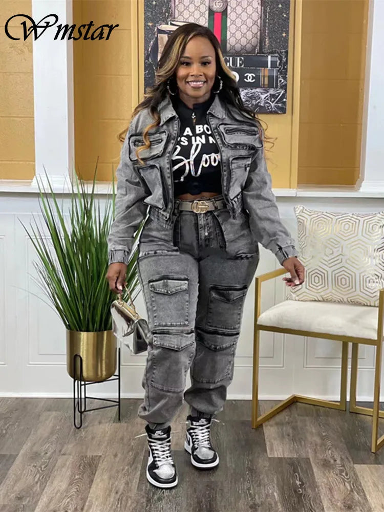 Wmstar Denim deux pièces ensemble femmes veste manteau haut jean Cargo pantalon Cool nouveau en hiver correspondant vêtements en gros livraison directe Camara Shopping Wmstar Denim deux pièces ensemble femmes veste manteau haut jean Cargo pantalon Cool nouveau en hiver correspondant vêtements en gros livraison directe