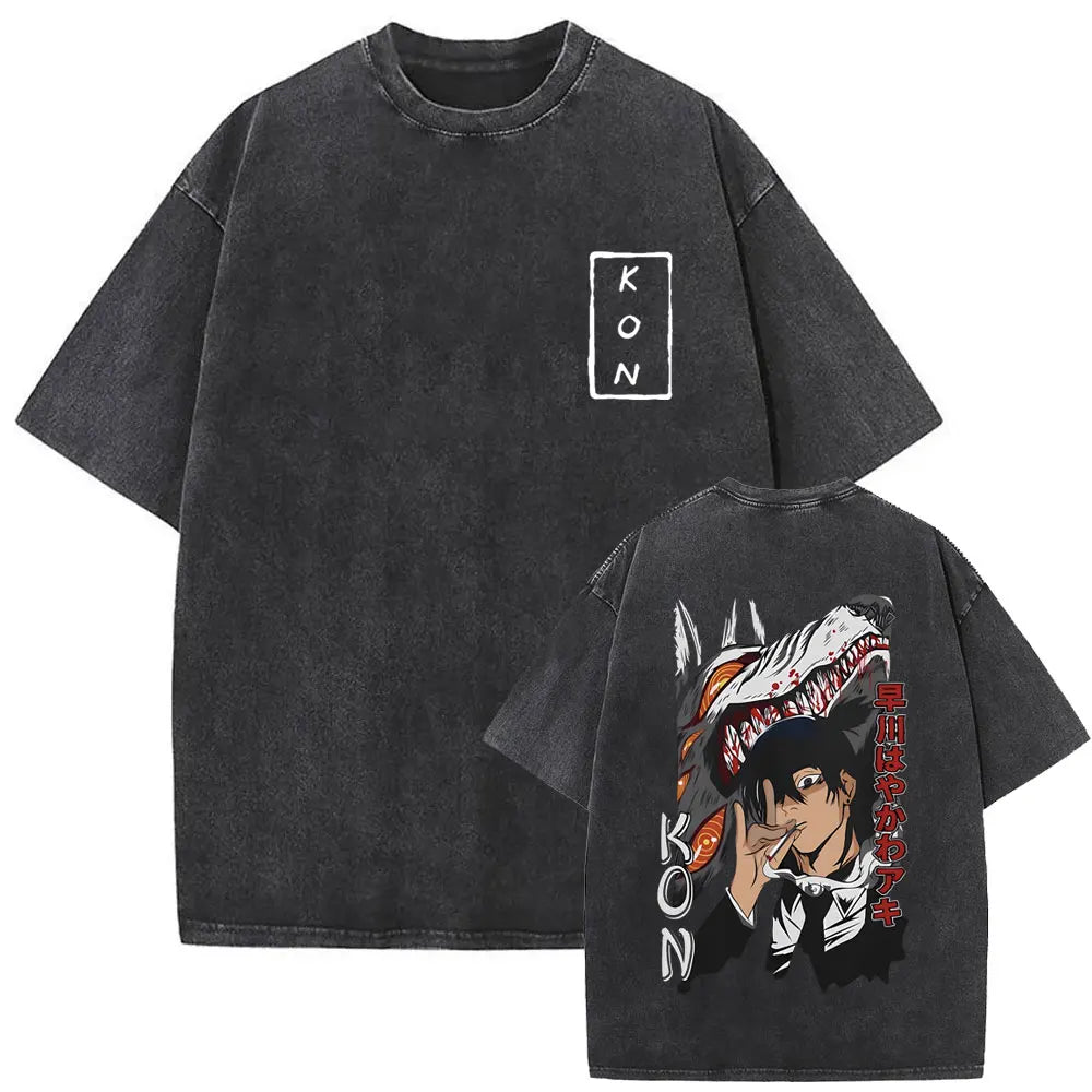 Anime tronçonneuse homme Vintage lavé T-shirt Hayakawa Aki invocation Kon Fox diable graphique T-shirts hommes femmes décontracté mode T-shirts Camara Shopping Anime tronçonneuse homme Vintage lavé T-shirt Hayakawa Aki invocation Kon Fox diable graphique T-shirts hommes femmes décontracté mode T-shirts