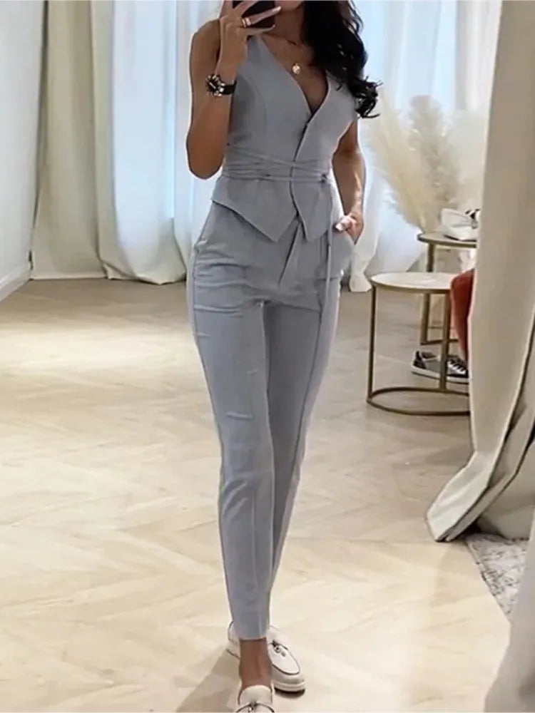 Ensemble 2 pièces pour femme, gilet sexy, pantalon à petites jambes, mode femme élégante, sangle de taille, vernis document solide, été, nouveau, 2023 Camara Shopping Ensemble 2 pièces pour femme, gilet sexy, pantalon à petites jambes, mode femme élégante, sangle de taille, vernis document solide, été, nouveau, 2023