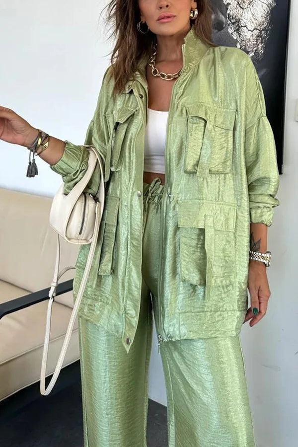 Ensemble deux pièces métallisé pour femme, pantalon cargo adt, jambe large, assressenti, tenues de rue, monochrome, mode printemps et automne, 2 pièces Camara Shopping Ensemble deux pièces métallisé pour femme, pantalon cargo adt, jambe large, assressenti, tenues de rue, monochrome, mode printemps et automne, 2 pièces