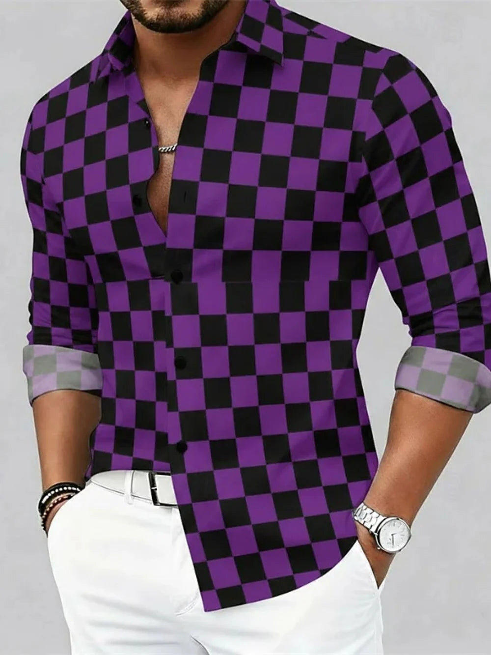 Chemise à manches longues pour homme, grande taille, col à revers, boutonnée, imprimé à carreaux haute définition, élégante et confortable Camara Shopping Chemise à manches longues pour homme, grande taille, col à revers, boutonnée, imprimé à carreaux haute définition, élégante et confortable