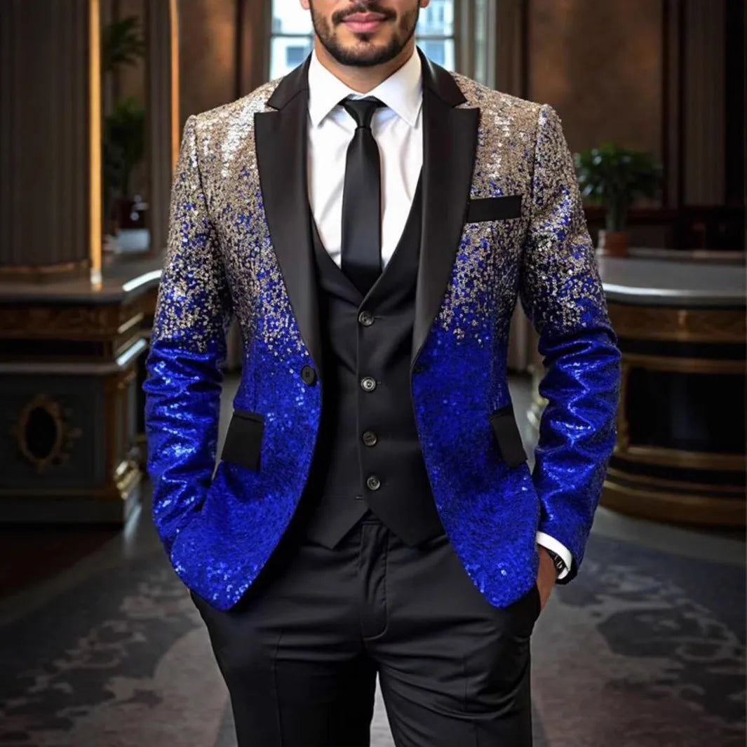 Veste de smoking à paillettes brillantes pour hommes – Dégradé bleu royal et or, revers noir, vêtements de fête/mariage/scène formel ‌   Manteau. Camara Shopping Veste de smoking à paillettes brillantes pour hommes – Dégradé bleu royal et or, revers noir, vêtements de fête/mariage/scène formel ‌   Manteau.