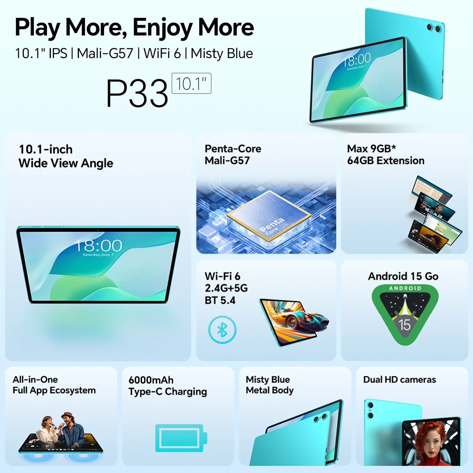 Tablette Android 15 Teclast P33, 10,1 pouces, 9 Go de RAM maximum, 64 Go de ROM, 1280x800 IPS, A333, 5 cœurs, 6000 mAh, Type-C Camara Shopping Tablette Android 15 Teclast P33, 10,1 pouces, 9 Go de RAM maximum, 64 Go de ROM, 1280x800 IPS, A333, 5 cœurs, 6000 mAh, Type-C