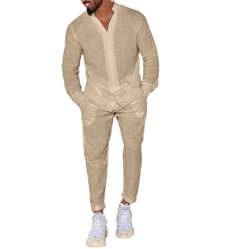 Costume décontracté en coton et lin pour hommes, chemise confortable en lin de couleur unie à col montant, ample de rue à manches longues, deux pièces Camara Shopping Costume décontracté en coton et lin pour hommes, chemise confortable en lin de couleur unie à col montant, ample de rue à manches longues, deux pièces