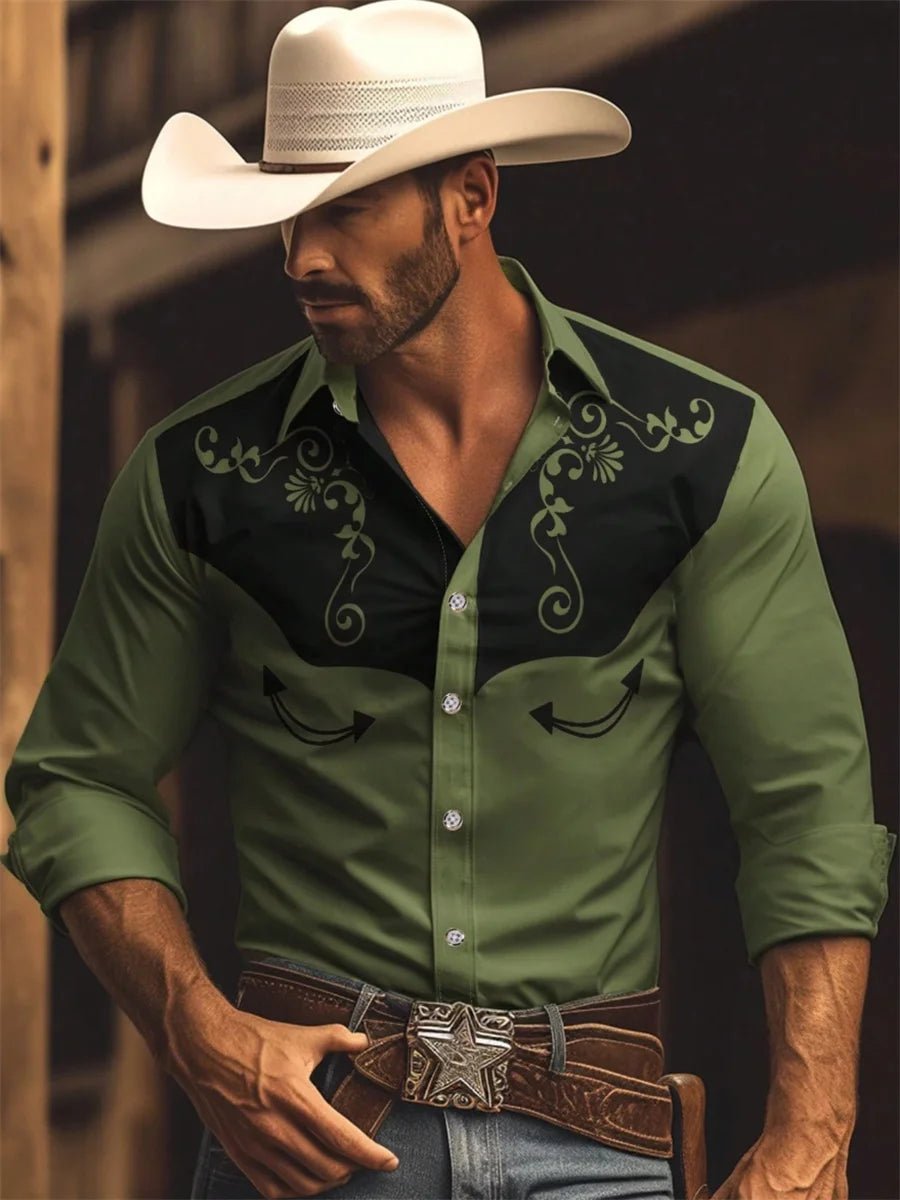 Nouvelle chemise à manches longues pour homme, style western cowboy, chemise à motif vintage imprimé, chemise à manches longues à col tendance pour homme. - Camara ShoppingNouvelle chemise à manches longues pour homme, style western cowboy, chemise à motif vintage imprimé, chemise à manches longues à col tendance pour homme.