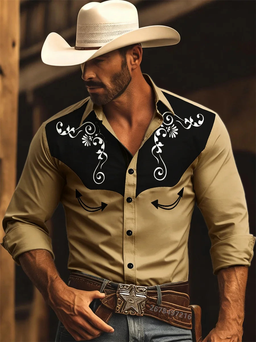 Nouvelle chemise à manches longues pour homme, style western cowboy, chemise à motif vintage imprimé, chemise à manches longues à col tendance pour homme. Camara Shopping Nouvelle chemise à manches longues pour homme, style western cowboy, chemise à motif vintage imprimé, chemise à manches longues à col tendance pour homme.