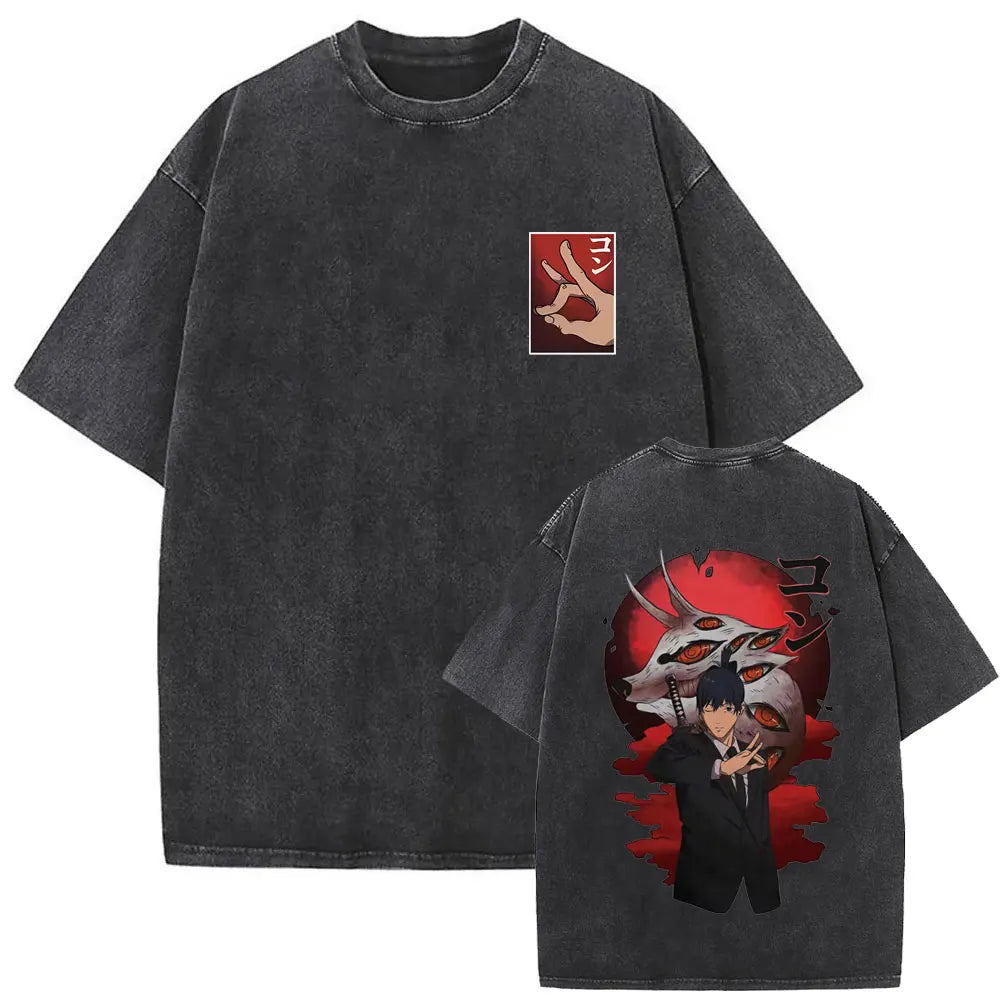 Anime tronçonneuse homme Vintage lavé T-shirt Hayakawa Aki invocation Kon Fox diable graphique T-shirts hommes femmes décontracté mode T-shirts Camara Shopping Anime tronçonneuse homme Vintage lavé T-shirt Hayakawa Aki invocation Kon Fox diable graphique T-shirts hommes femmes décontracté mode T-shirts