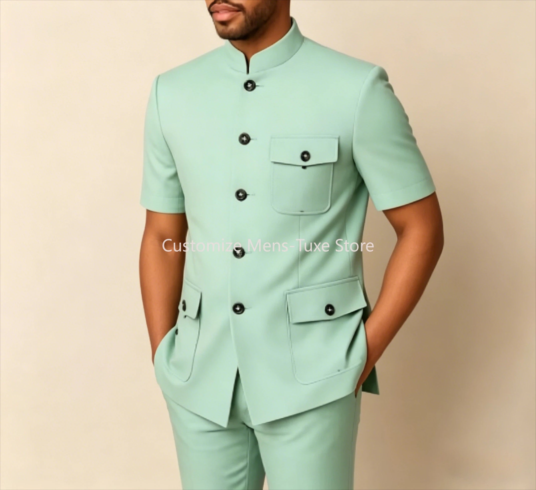 Costume homme vert menthe sur mesure, couleur unie, blazer à manches courtes, coupe ajustée, ensemble 2 pièces veste et pantalon Camara Shopping Costume homme vert menthe sur mesure, couleur unie, blazer à manches courtes, coupe ajustée, ensemble 2 pièces veste et pantalon