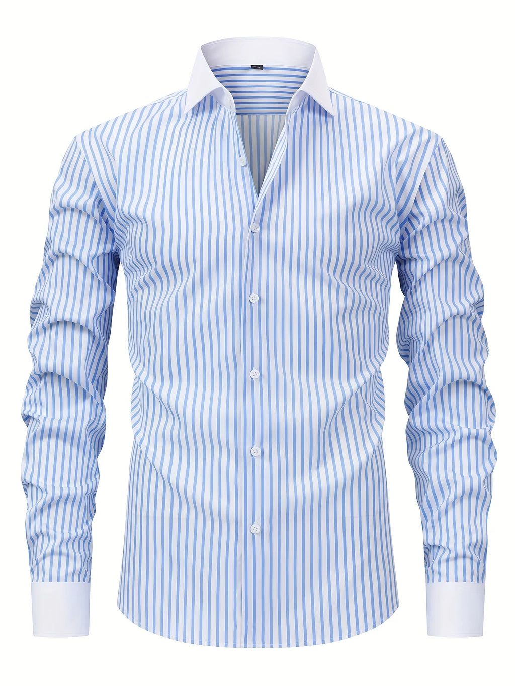 Chemise boutonnée élégante à manches longues rayée pour hommes, mélange de polyester extensible, design ajusté, parfaite pour les affaires ou les vêtements décontractés - Camara ShoppingChemise boutonnée élégante à manches longues rayée pour hommes, mélange de polyester extensible, design ajusté, parfaite pour les affaires ou les vêtements décontractés