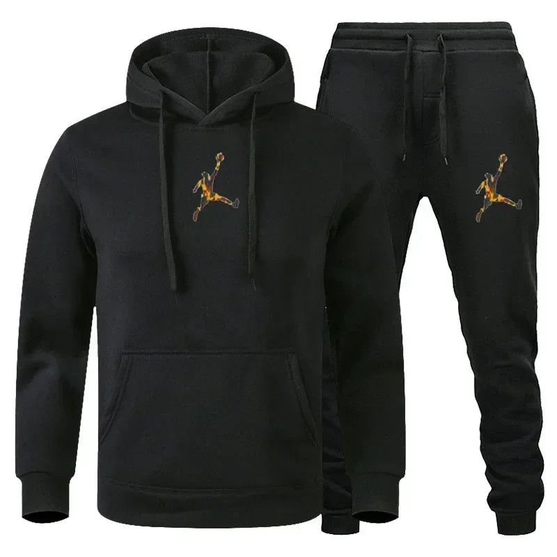 Ensemble de survêtement deux pièces imprimé uni, sweat à capuche et pantalon de jogging à revers élastiques, en maille légère, polyvalent, pour homme, streetwear et sportswear d'entraînement